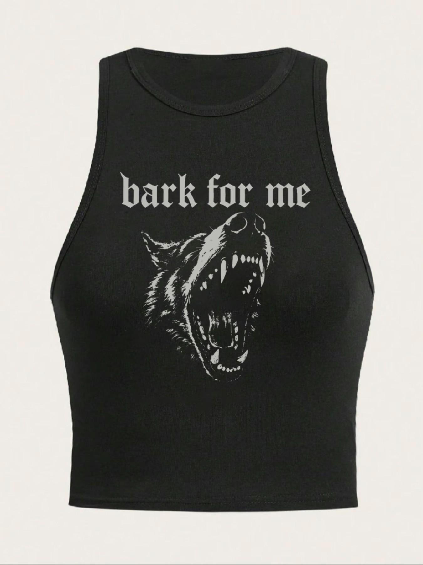 Women's Bark for Me Wolf Pattern Short Tank Top, Y2K Street Style Gothic Streetwear Sleeveless Shirt, Letter Print Collared Crop Top, Casual