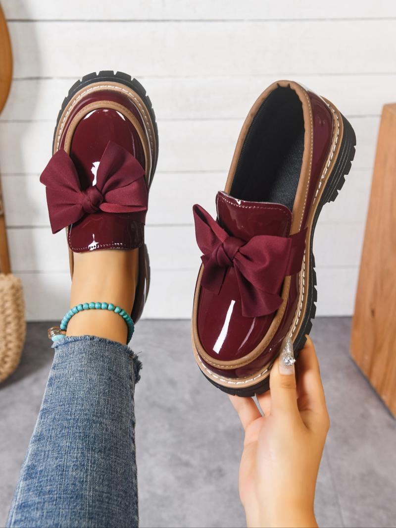 Women's Bowknot Loafers, Spring & Fall Casual PU Leather Shoes, Plain Pattern, Less Than Ankle Height, PVC Sole