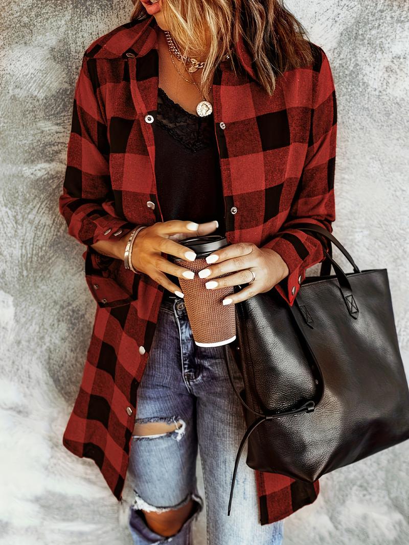 Women's Gingham Shirt, Casual Loose-Fitting Long Sleeve Top, Woven Fabric, All Seasons Wear, Moderate Thickness