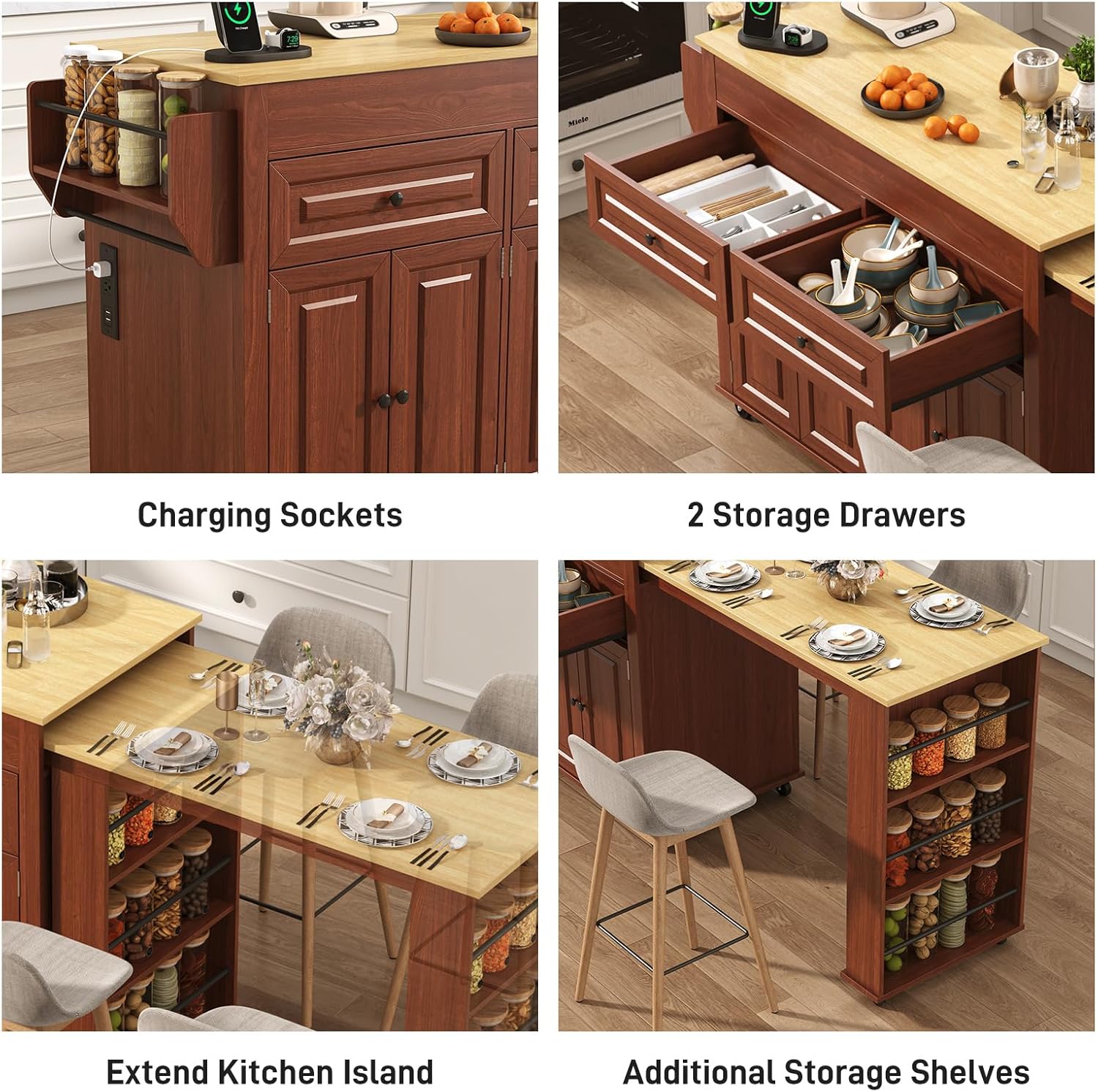 80"-48" Extendable Kitchen Island with Extended Dining Table and Power Outlet,Large Mobile Kitchen Storage Islands with 2 Storage Drawers,Rolling Islands Cart with 3 Extra Rows Open Shelves(White/Black/Brown/Blue) 80"-48" Extendable Kitchen Island with Extended Dining Table and Power Outlet,Large Mobile Kitchen Storage Islands with 2 Storage Drawers,Rolling Islands Cart with 3 Extra Rows Open Shelves(White/Black/Brown/Blue)