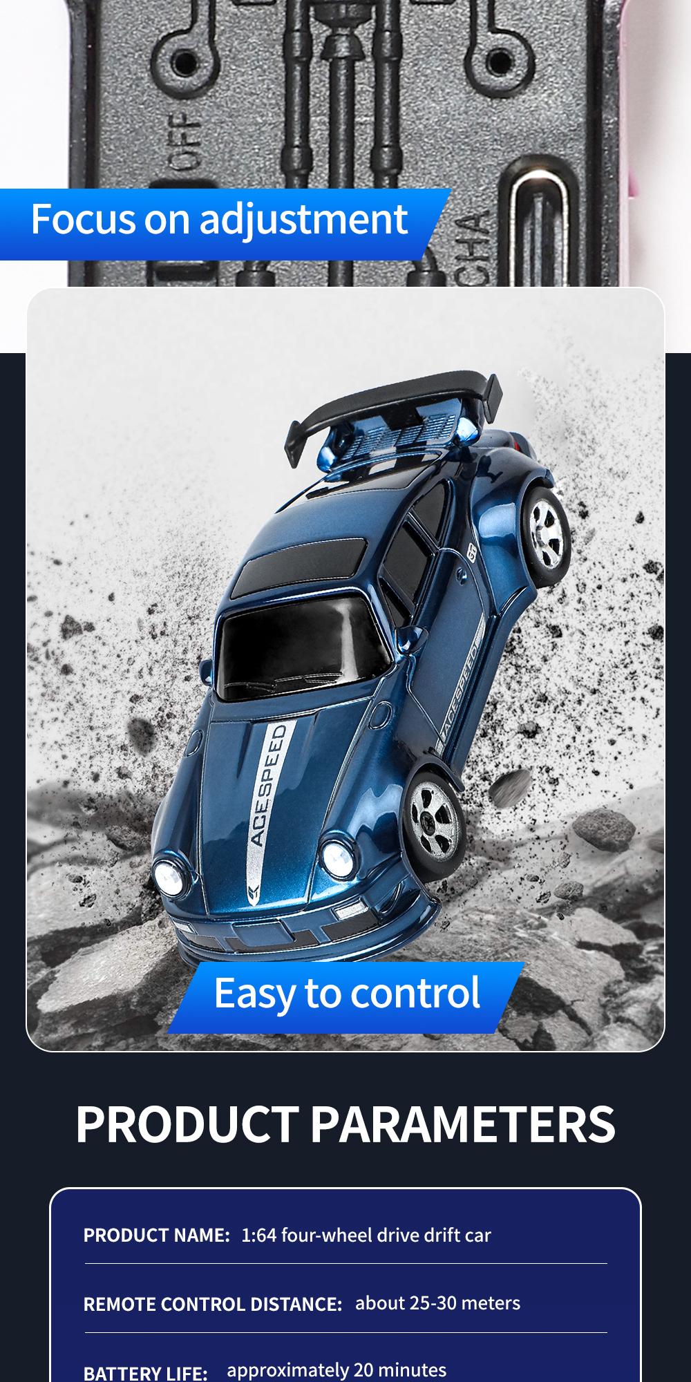 Hotfree 1/64 Mini RC Drift Car, 4WD High-Speed Full-Proportional Remote Control Sports Car with Steering Servo, LED Lights, USB Rechargeable, Desktop Entertainment Toy, Fun Birthday Christmas Gift for Kids Boys Portable Exquisite Details