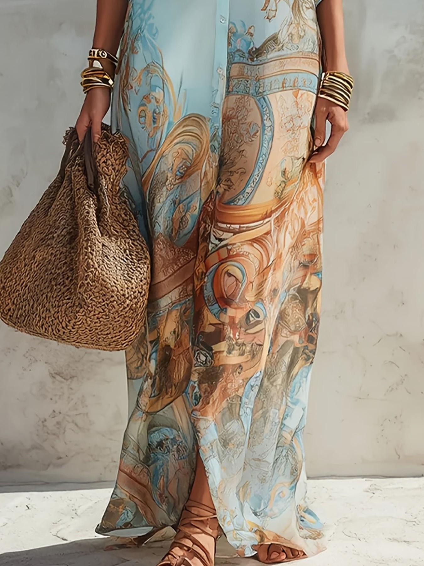 Casual Random Print Notched Lapel Button Long Maxi Slim Fit Dress, Autumn Party Gown, Women's Fashionable Evening Wear, Elegant and Comfortable Design, Elegance