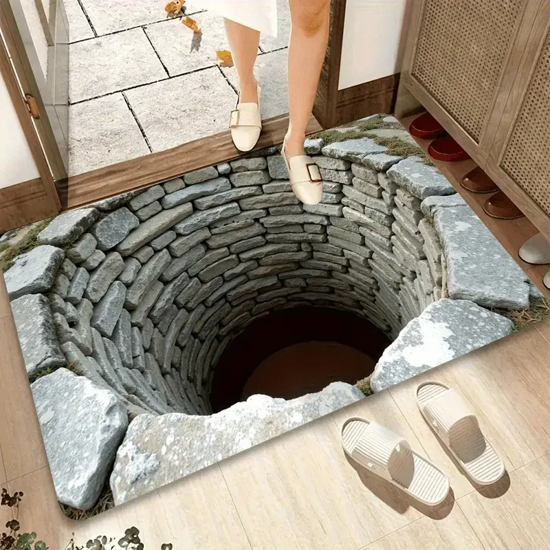 3D Optical Illusion Stone Deep Hole Flannel Doormat, Realistic Cave Pit Visual Trick Floor Rug, Funny Scary Illusion Entryway Mat, Non Slip Washable Indoor Front Door Carpet, Novelty Prank Decor Gift For Home Entrance Kitchen Garage homeessentials