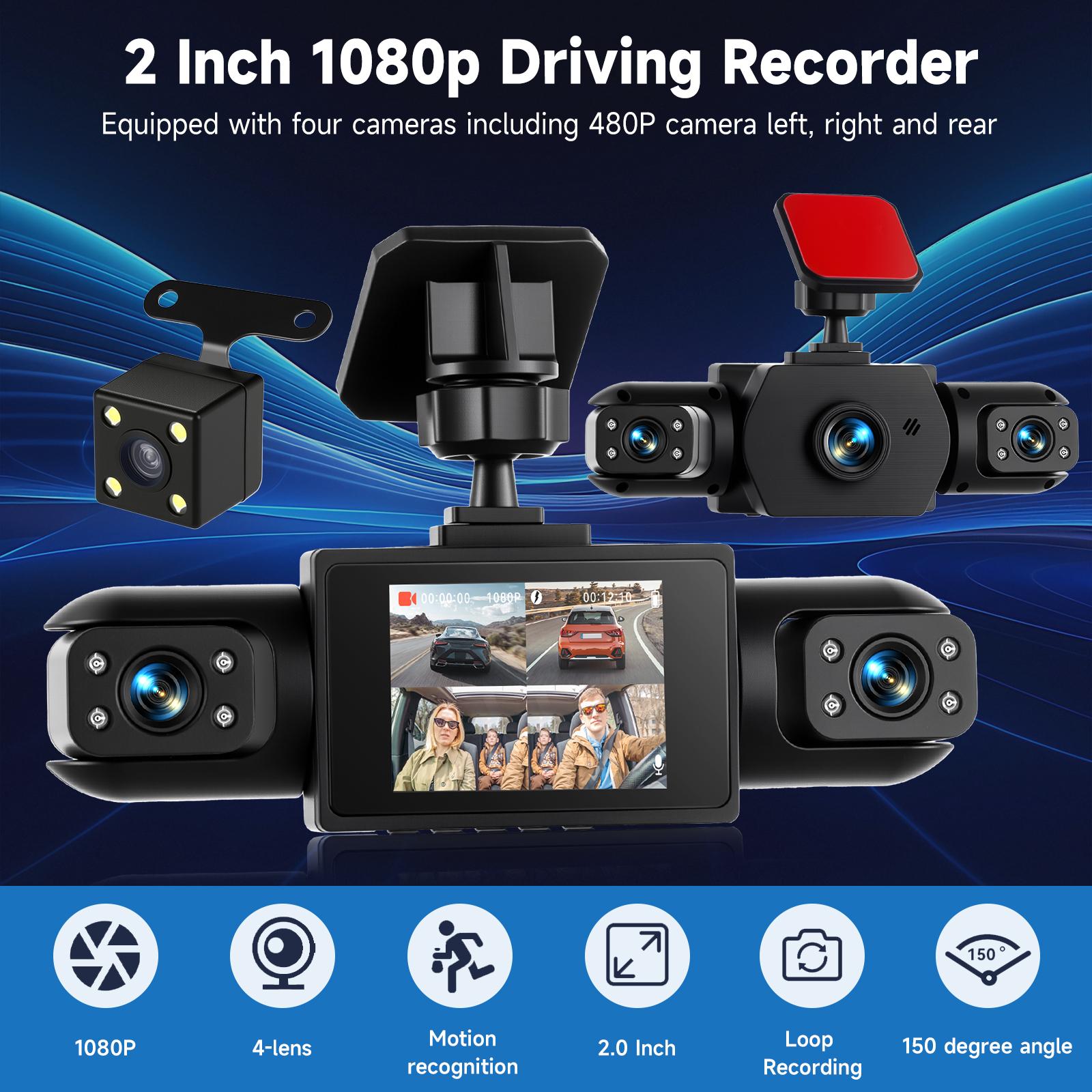 4 Channel Dash Cam Front and Rear Inside Left Right, Dash Camera for Cars, Touch Screen 2inch, Night Vision, 24/7 Recording Parking Mode Monitor Reversing Help,(option) 64G TF Card