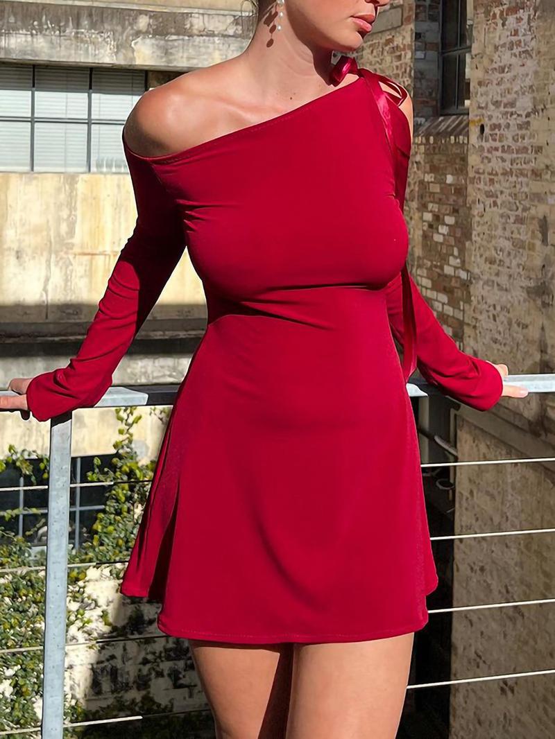 Women's Plain Cut Out Asymmetrical Neck Tie Front Dress, Elegant Long Sleeve Short Dress for Party Holiday, Ladies Fall Clothes, Fall Outfits, Fallfreshness Valentine's Day, gift, Womenswear