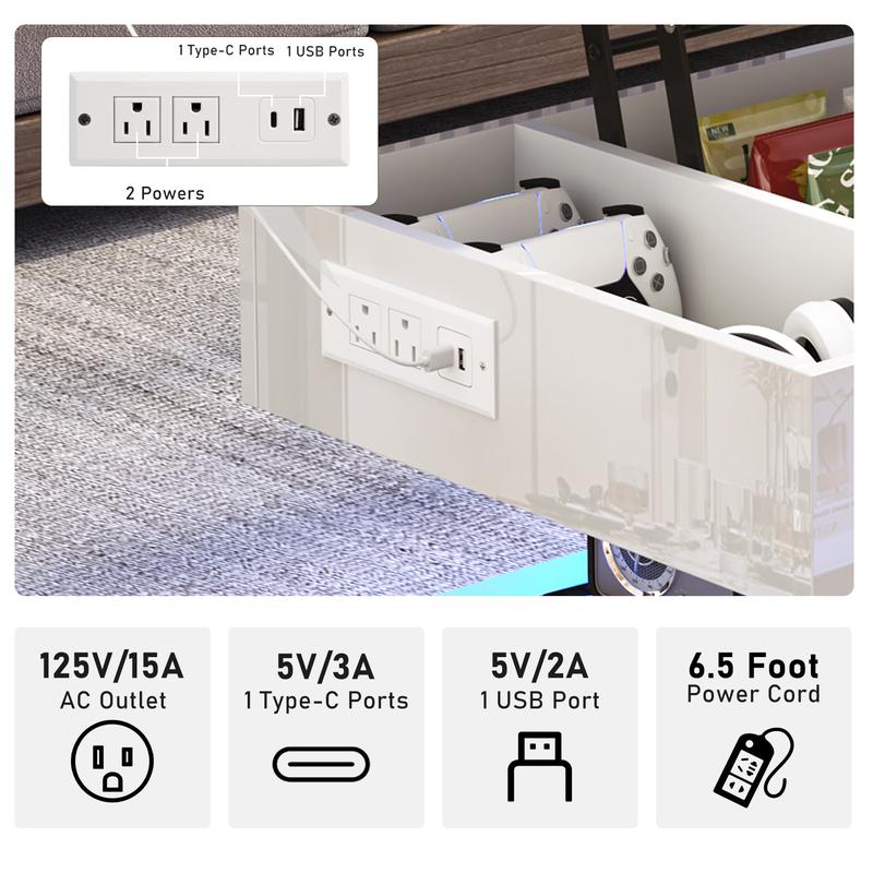 39.4"/47.2" Large Lift Top Coffee Table,Modern High Glossy LED Coffee Tables for Living Room with Storage,Black Living Room Tables for Living Room,Dining Room,Bedroom Home Office,APP LED Lights（Black/white）