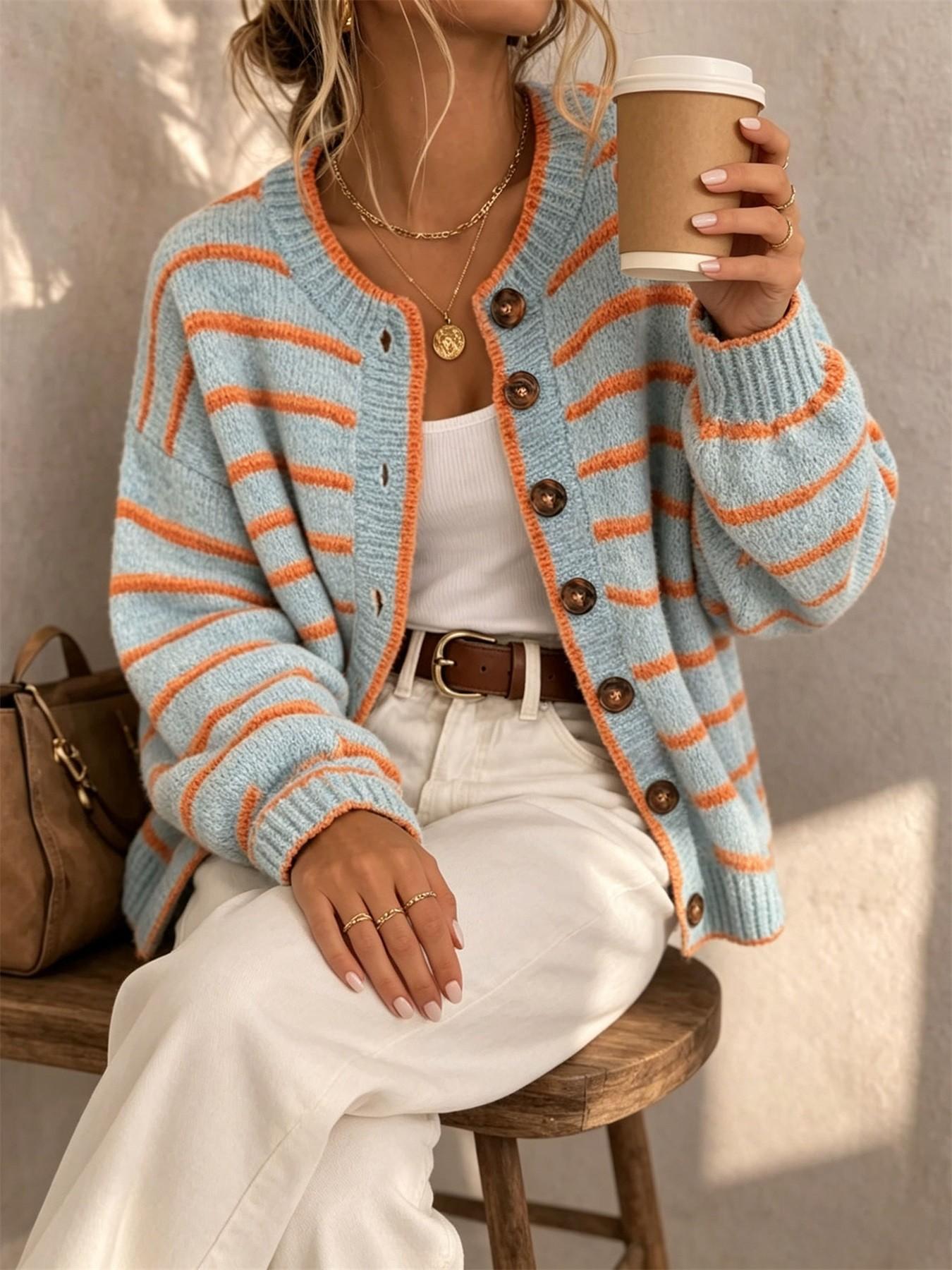 Women's Round Neck Drop Shoulder Single-Breasted Contrast Stripe Long Sleeve Fall/Winter Casual Fashion Loose Versatile Knit Cardigan – Urban Commute, Retro Street Sweater Wear