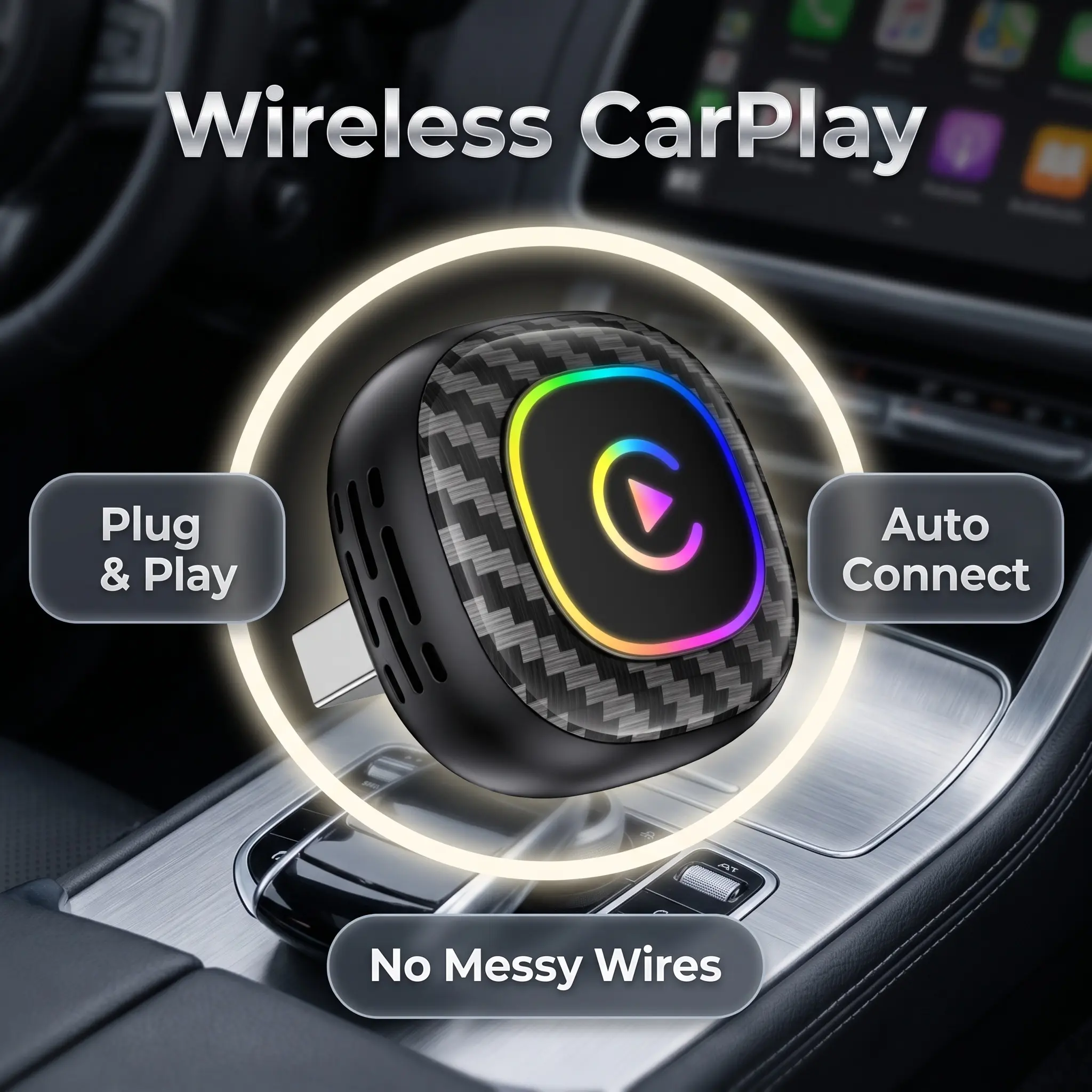 2026 Wireless CarPlay Adapter with Dynamic Flowing Ambient Light, Convert Wired to Wireless Support CarPlay & Android Auto, Smartphone Connection Device, Car Interior Accessories