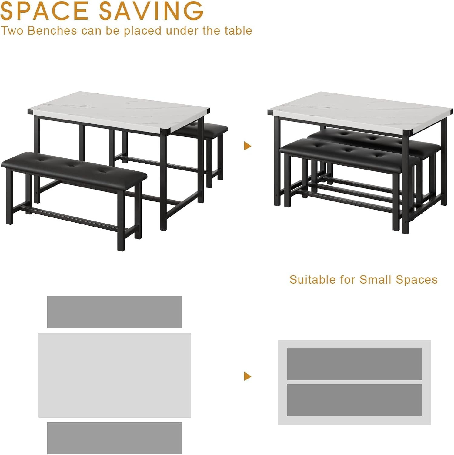 3-Piece Dining Table Set for 4 People, 44" Space Saving Kitchen Table with 2 Benches, Industrial Rectangular Dining Room Table Chairs Set