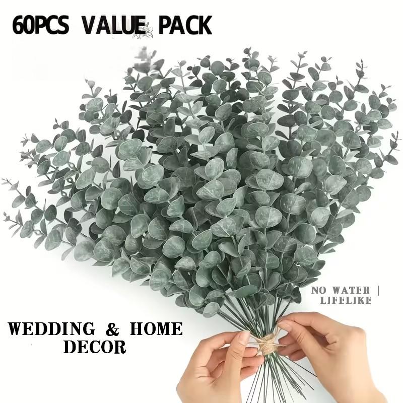 60pcs Artificial Eucalyptus Stems, Fake Eucalyptus Leaves, No Maintenance, Outdoor Home Decor, Wedding Bouquets, Vase Fillers, DIY Wreaths, Party Centerpieces