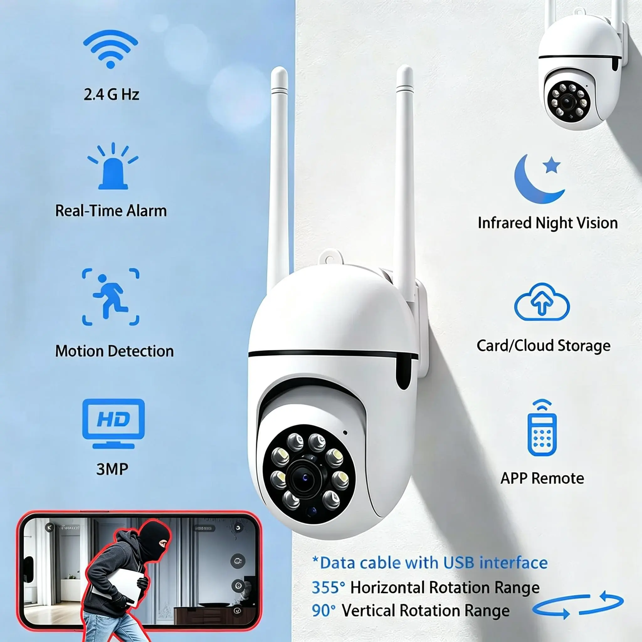 Wireless 1440p HD Camera, 2.4GHz WiFi, 360° Panoramic Indoor Security System, Night Vision, Two-Way Audio, Smartphone APP Control