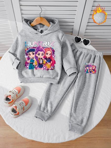 Girls' Witch Hunter Corps Warm Hoodie & Joggers Set, Cozy Fleece Lined Outfit For Fall & Winter