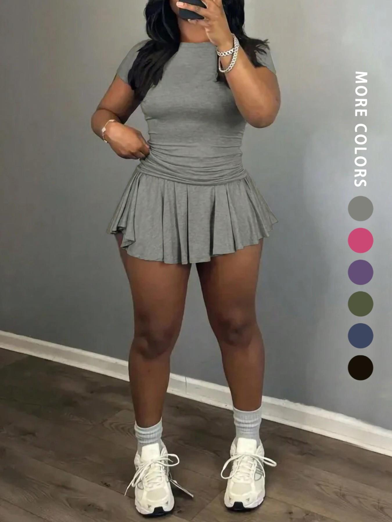 Women's Solid Color Top & Skort, Casual Fashion Cozy Round Neck Short Sleeve Tee & Skirt for Daily Outdoor Wear, Ladies Outfits for Summer