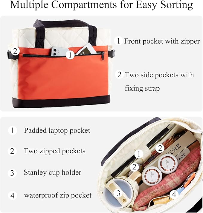 Puffer Tote Bag for Women, Lightweight Puffy Work Handbag, Quilted Purse, Teacher Nurse Quilted Shoulder Bag for School Travel Gym, Cloud Bag w/ Zipper, Daily College Bags, 15.6" Computer Bag, Clinical Nursing Bag, Ideal Gift for Women