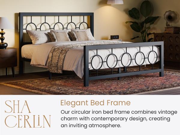 SHA CERLIN Twin/Full/Queen/King Size Metal Bed Frame with Vintage Circular Design Headboard and Footboard【Frame Only No Mattress】No Box Spring Required,Noise-Free,Black/Brown#ChristmasGifts#TikTokShopBlackFriday