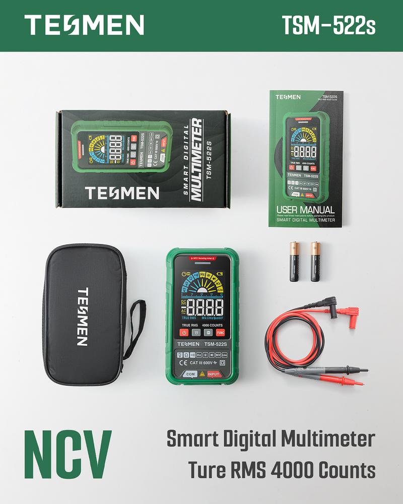 TESMEN TSM-522S Smart Digital Multimeter, 4000 Counts, Auto-Ranging Voltmeter, Non-Contact Voltage test, Measure AC/DC Voltage, Resistance, Capacitance, Frequency, Live Wire, Diode Test, Continuity