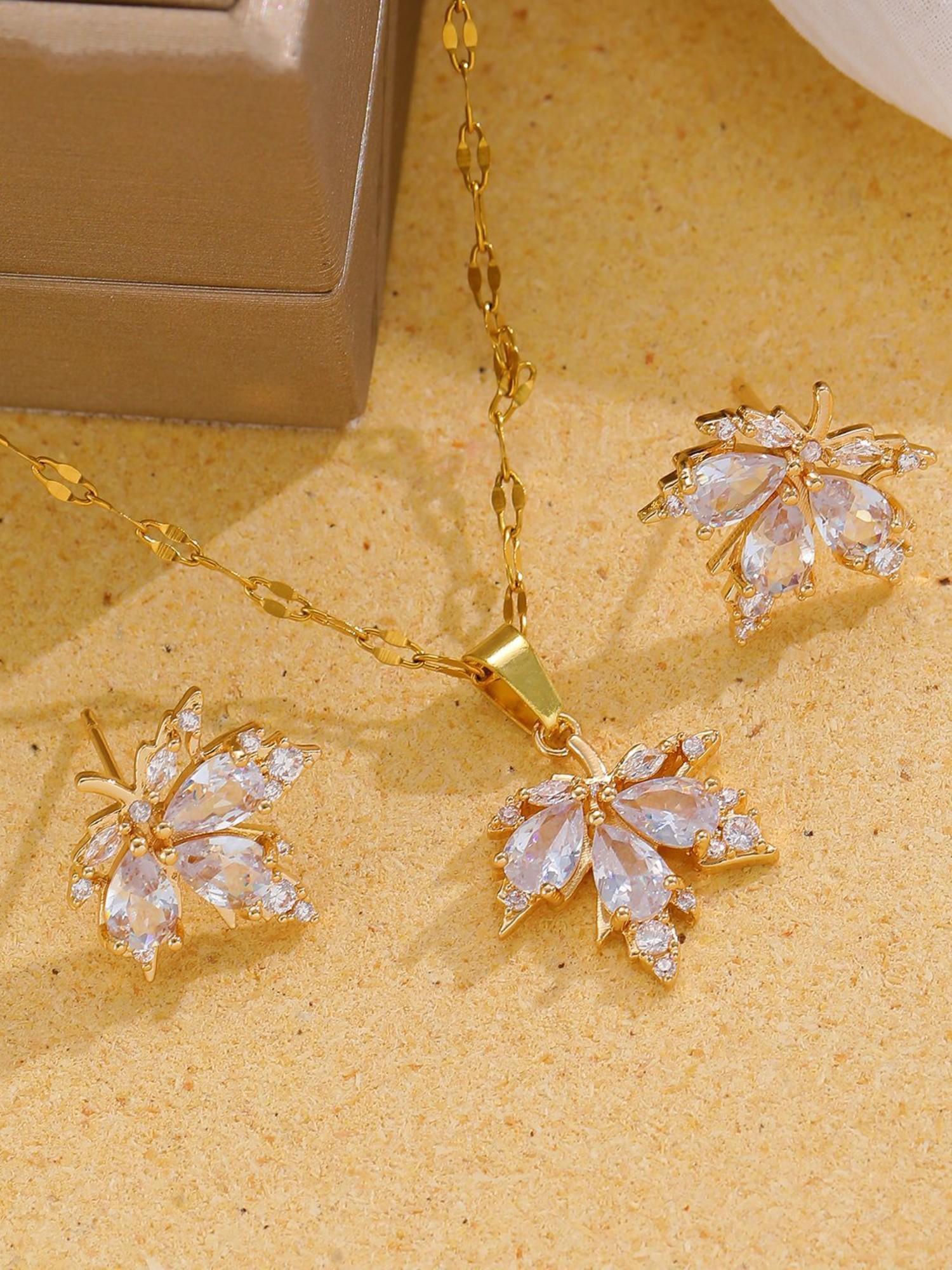 Maple Leaf Zircon Necklace Earrings Set, Elegant Jewelry for Women, Wedding Dinner Wear, Hypoallergenic, Sparkling, Skin-Friendly
