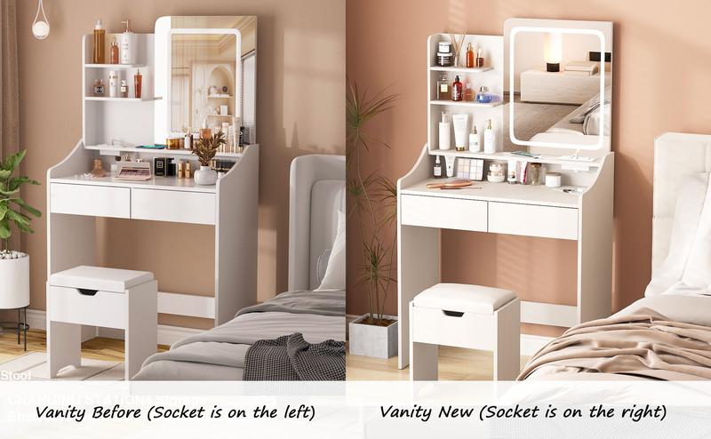 Vabches Vanity Desk with LED Light Mirror and Charging Station 30.3in, Small Vanity Set with 4 Storage Shelves 2 Drawers, Vanity for Girls Women with Storage Stool, Vanity Table for Bedroom