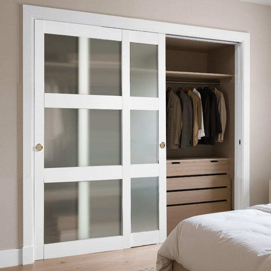 VEVOR 72"x80" Bypass Sliding Door, Double 37" Panels, 3-Lite Frosted Glass, Solid Wood MDF Slab with Waterproof PVC Surface, Hardware Kit & Floor Guide for Closets, Bedrooms, Frost Glass