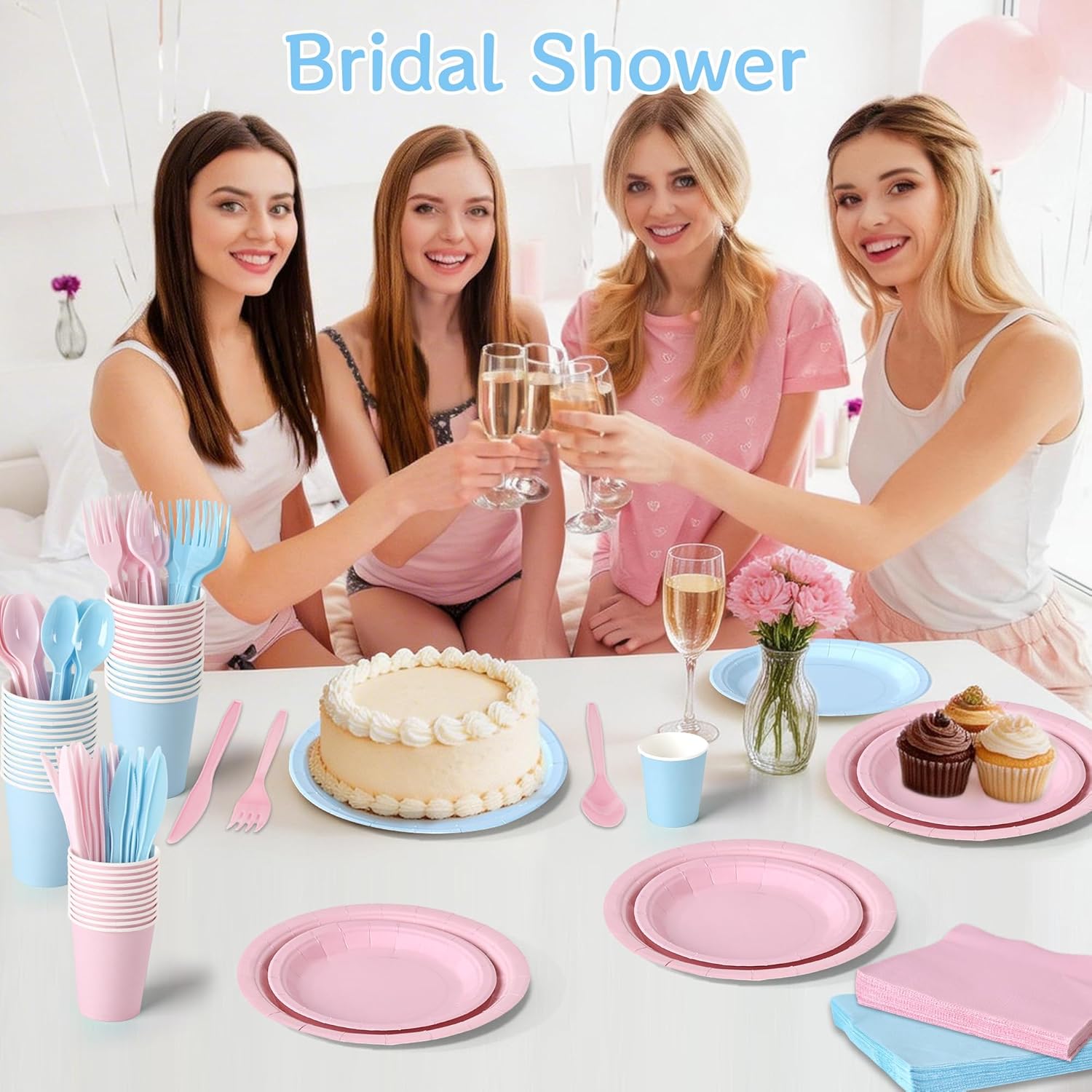 350 count  Plates and Cups Set, Light  and Light Blue 7 Inch and 9 Inch Paper Plates with 9 oz Cups, Napkins and Plastic Cutlery for  Party