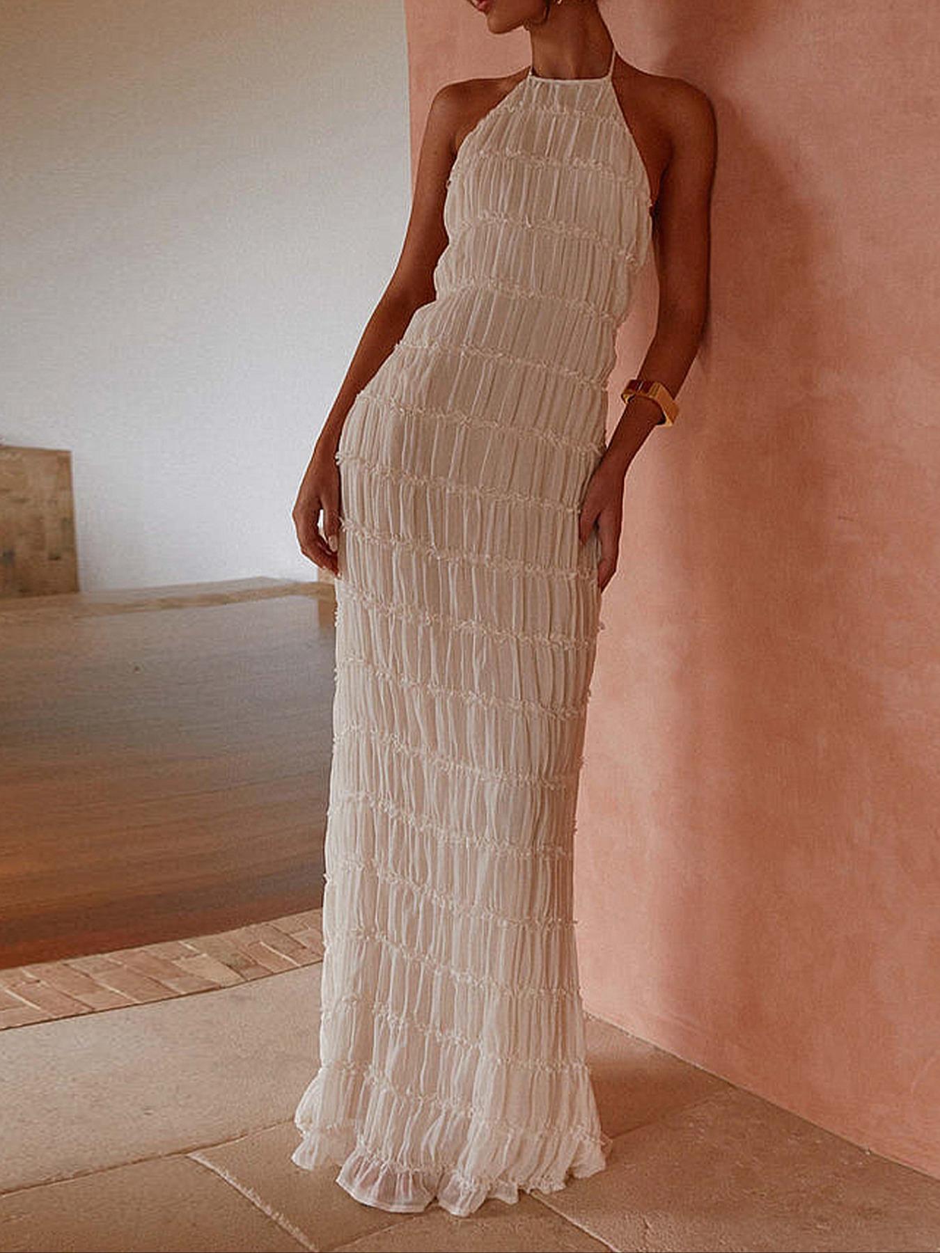 Women's Elegant Backless Halter Sleeveless Maxi Dress Fit, Stylish Womenswear Beach Vacation Dress for Summer, Romantic Casual Evening Wear