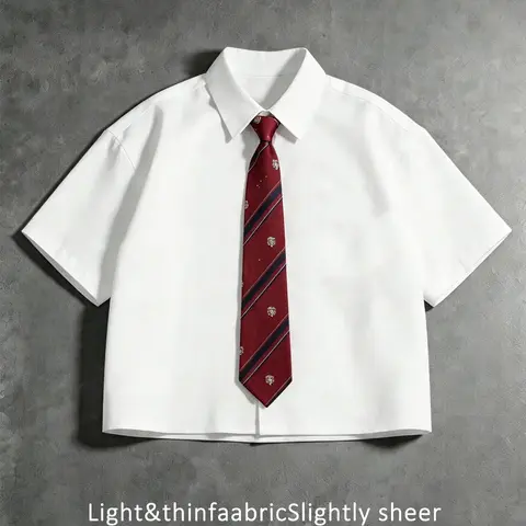 Unisex White Cropped Baggy Short Sleeve Shirt, Preppy Y2K Retro Streetwear Fashion Top with Badge Tie, Casual Daily Wear, Casual Streetwear Clothes