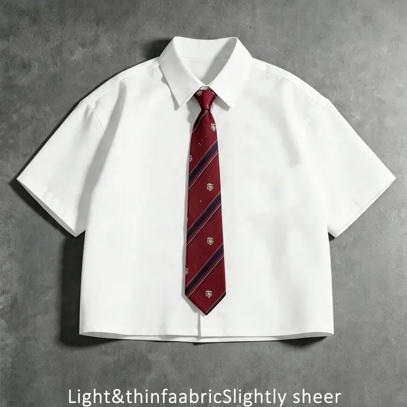 Unisex White Cropped Baggy Short Sleeve Shirt, Preppy Y2K Retro Streetwear Fashion Top with Badge Tie, Casual Daily Wear, Casual Streetwear Clothes