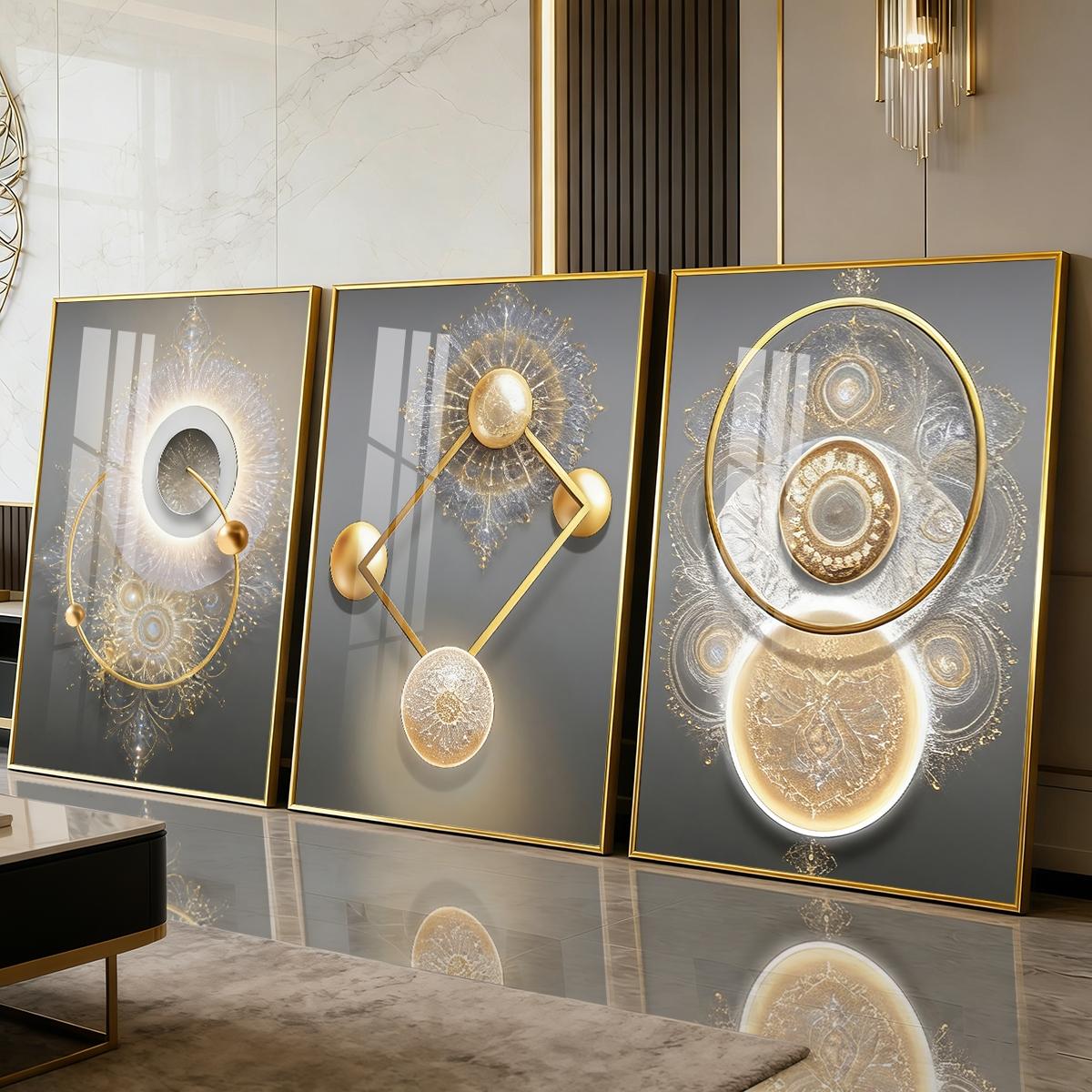 3 Counts Aluminum Alloy Framed Painting, Golden Abstract Geometry Light Art, Home Decoration For Living Room, Bedroom, Office, Restaurant, Hallway Wall Decor, Odorless Print Artwork, Luxury Perfect Gift For Friends And Family
