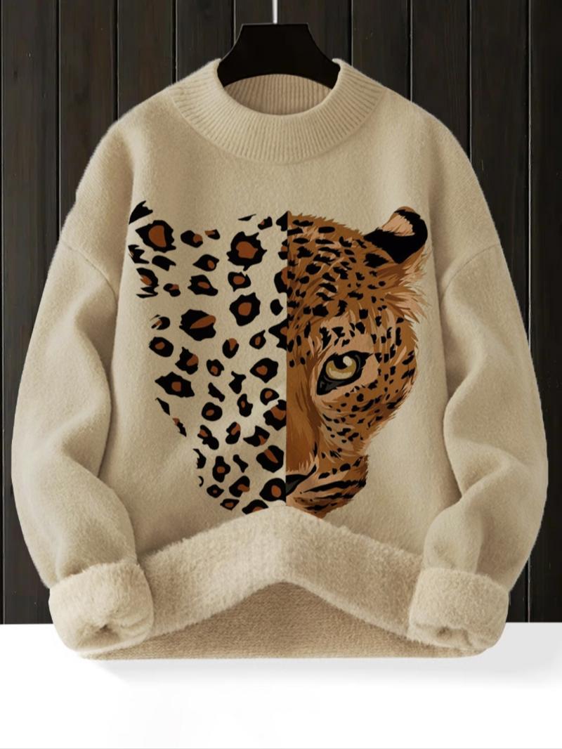 Women's Leopard Print Stand Collar Sweater, Fall Winter Casual Long Sleeve Knitwear, Comfortable Warm Daily Wear, Elegant Zebra Stripe Design