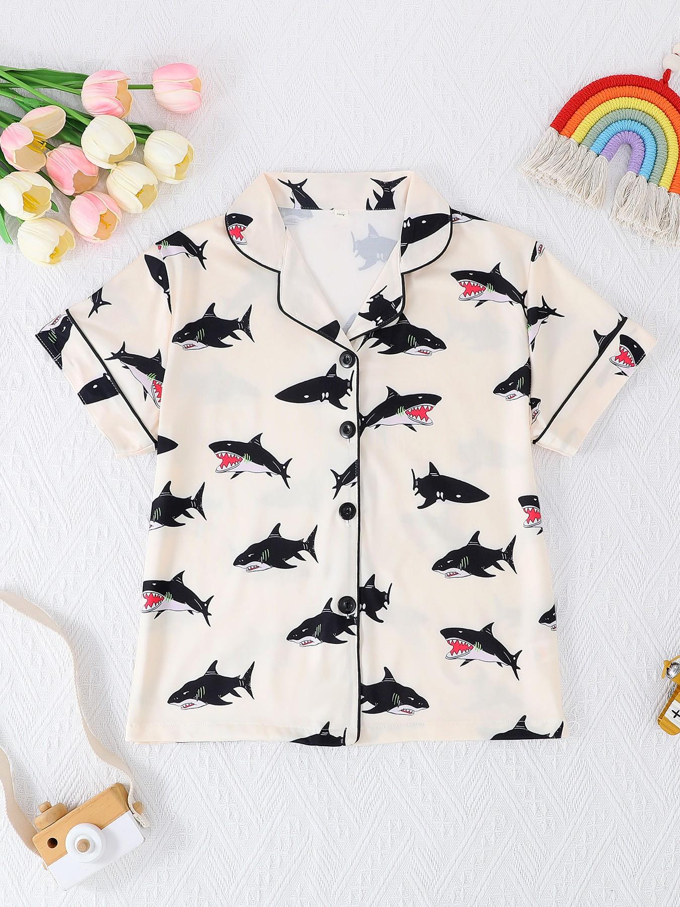 Kids Pajama Set, Cute Cartoon Shark Print, Short Sleeve Loose Fit, Fire-Resistant Knit Fabric, Spring Summer All Seasons