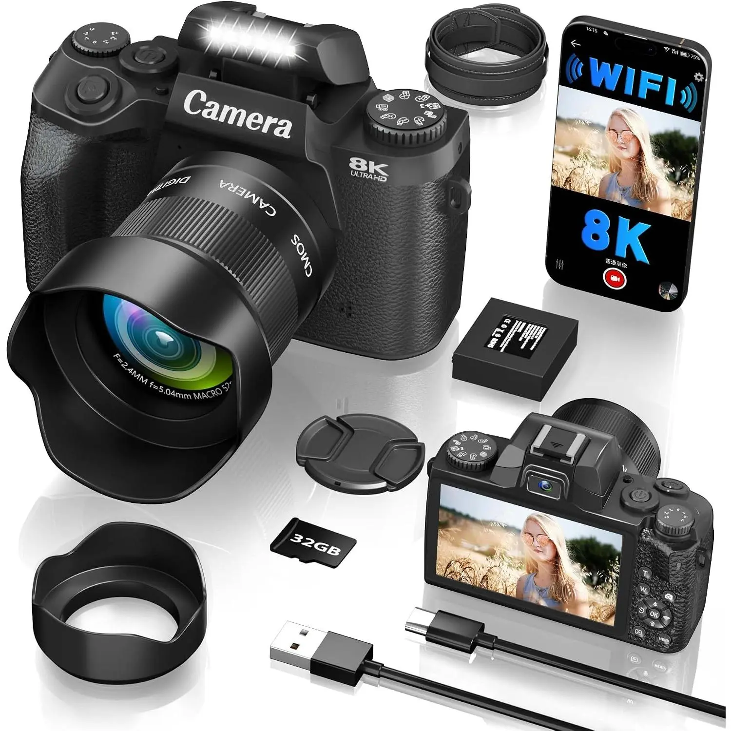 8K Digital Camera, 64MP WiFi Cameras for Photography with 4" Touchscreen, Vlogging Camera for YouTube with 16X Zoom Autofocus  Lens, 3000mAh , 32GB Card & Lens  (Black)