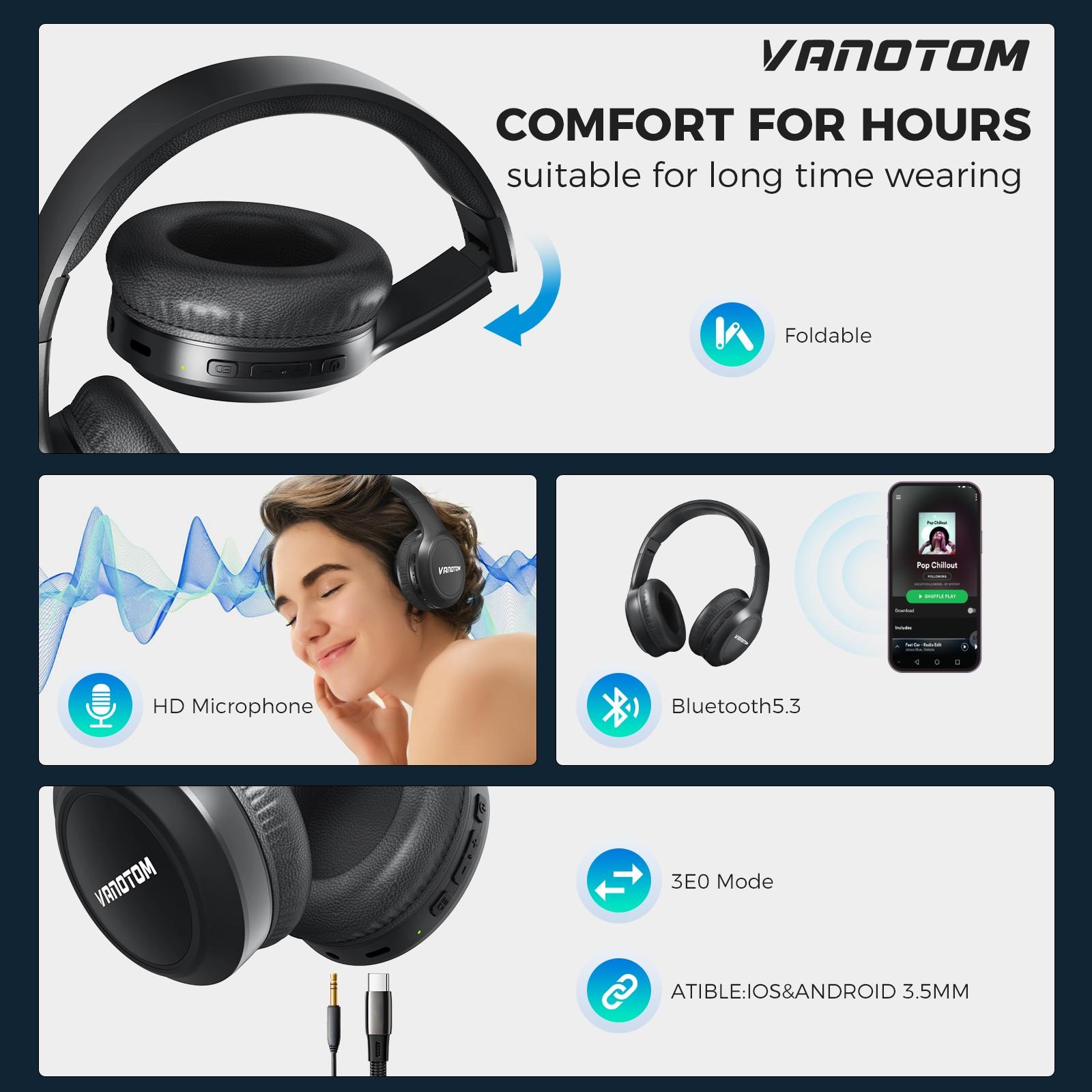 VANOTOM Wireless Headphone Foldable Bluetooth Headphones Over Ear Stereo HD Microphone Fast Charging Portable Headset for Gaming Phones Computers Electronics Audio Gift VANOTOM Wireless Headphone Foldable Bluetooth Headphones Over Ear Stereo HD Microphone Fast Charging Portable Headset for Gaming Phones Computers Electronics Audio Gift