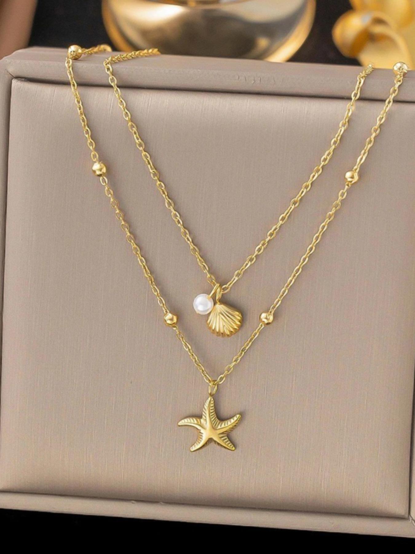 Fashion Starfish Shell Pendant Necklace, Double Layer Clavicle Chain, Casual Style, Ideal Gift for Holidays Birthdays Anniversaries
