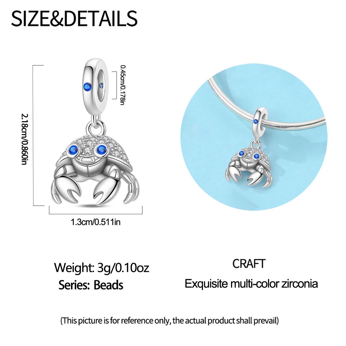 Summer Vacation Crab Dangle Charm, Plated 925 Silver Color, Pave Cz Inlaid, Ocean Themed DIY Jewelry, Beach Holiday Accessory for Women