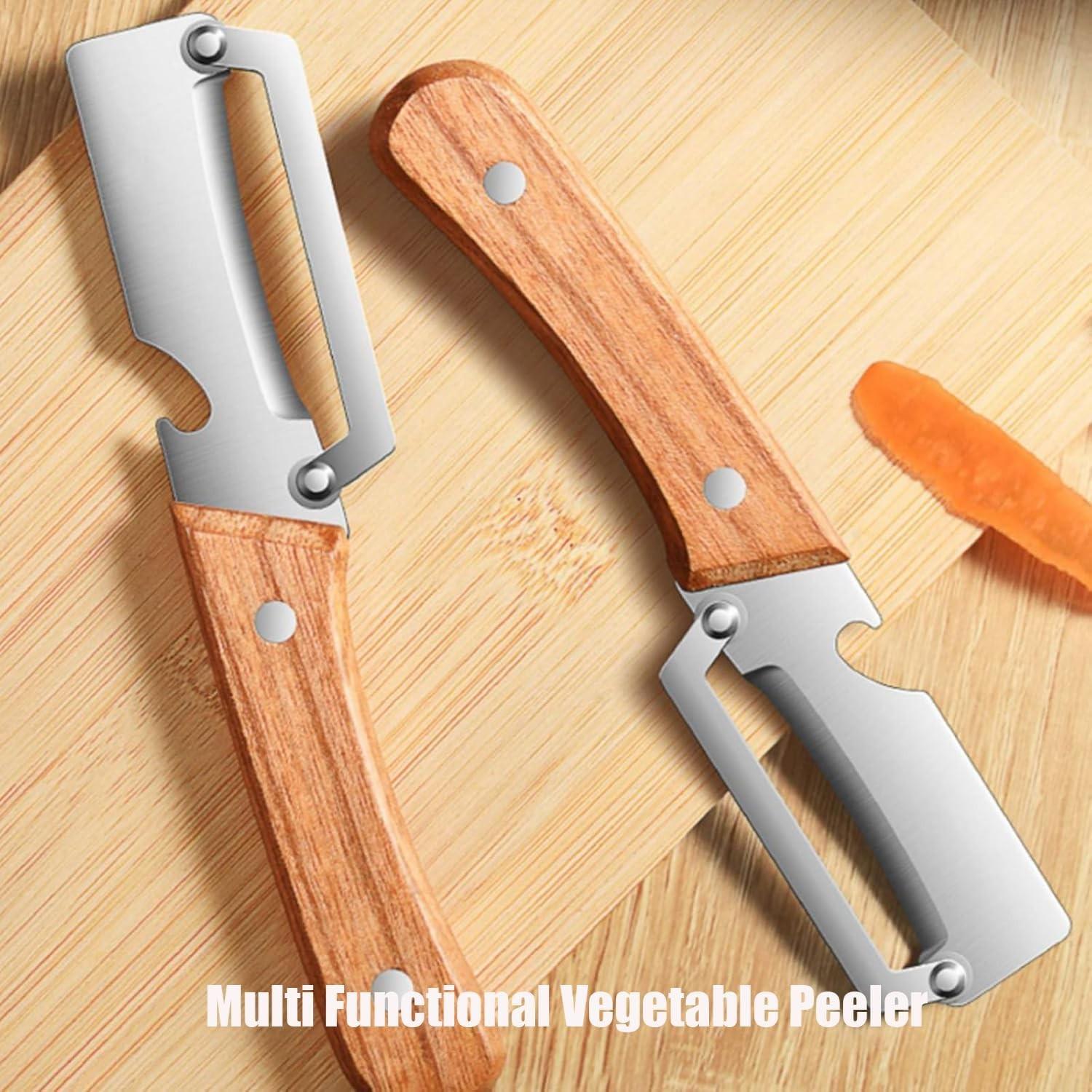 Two-In-One Kitchen Peeler with Wooden Handle and Bottle Opener, Comfortable Non-Slip Stainless Steel Blade, Easy to Clean, 2 Pieces Set