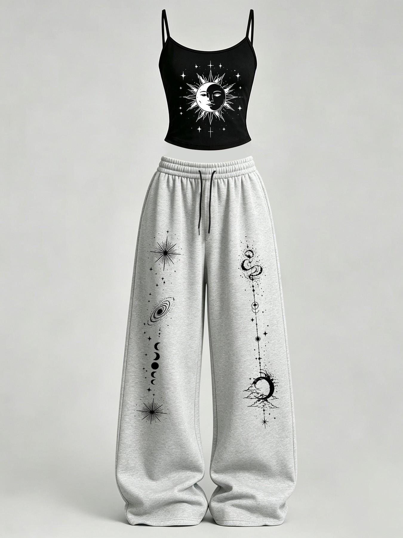 Women's Casual Slim-Fit Tank Top & Loose Pants Set, Y2K Gothic Starry Sky Print, Ideal for Daily Commute, Streetwear, Campus, Home Relax, Clothes