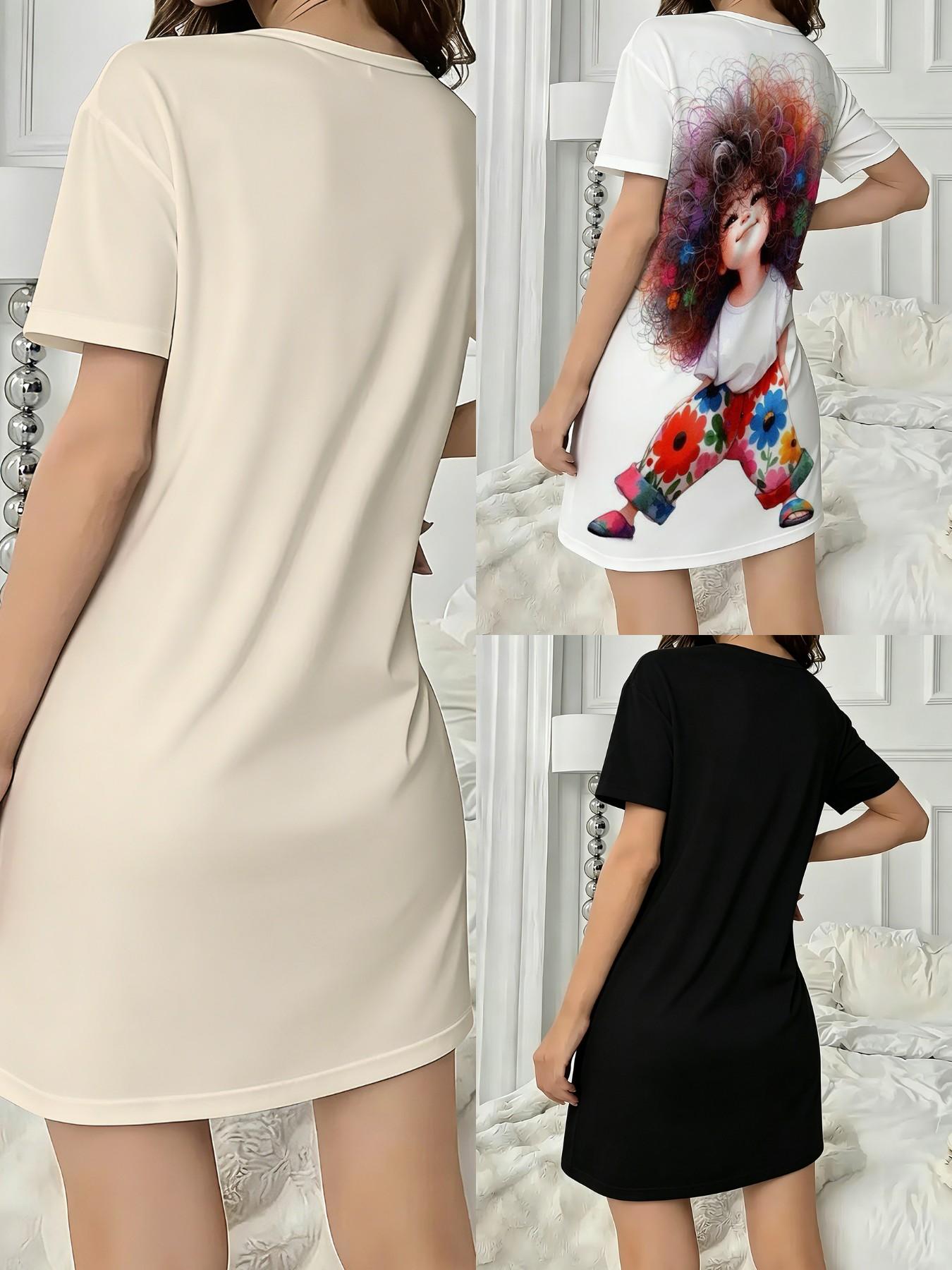 3-Pack Women's Nightdresses, Round Neck Short Sleeve, All-Season Comfortable Breathable, Casual Home Wear Loungewear, Large Cartoon Print, Nightwear, Summer Sleepwear