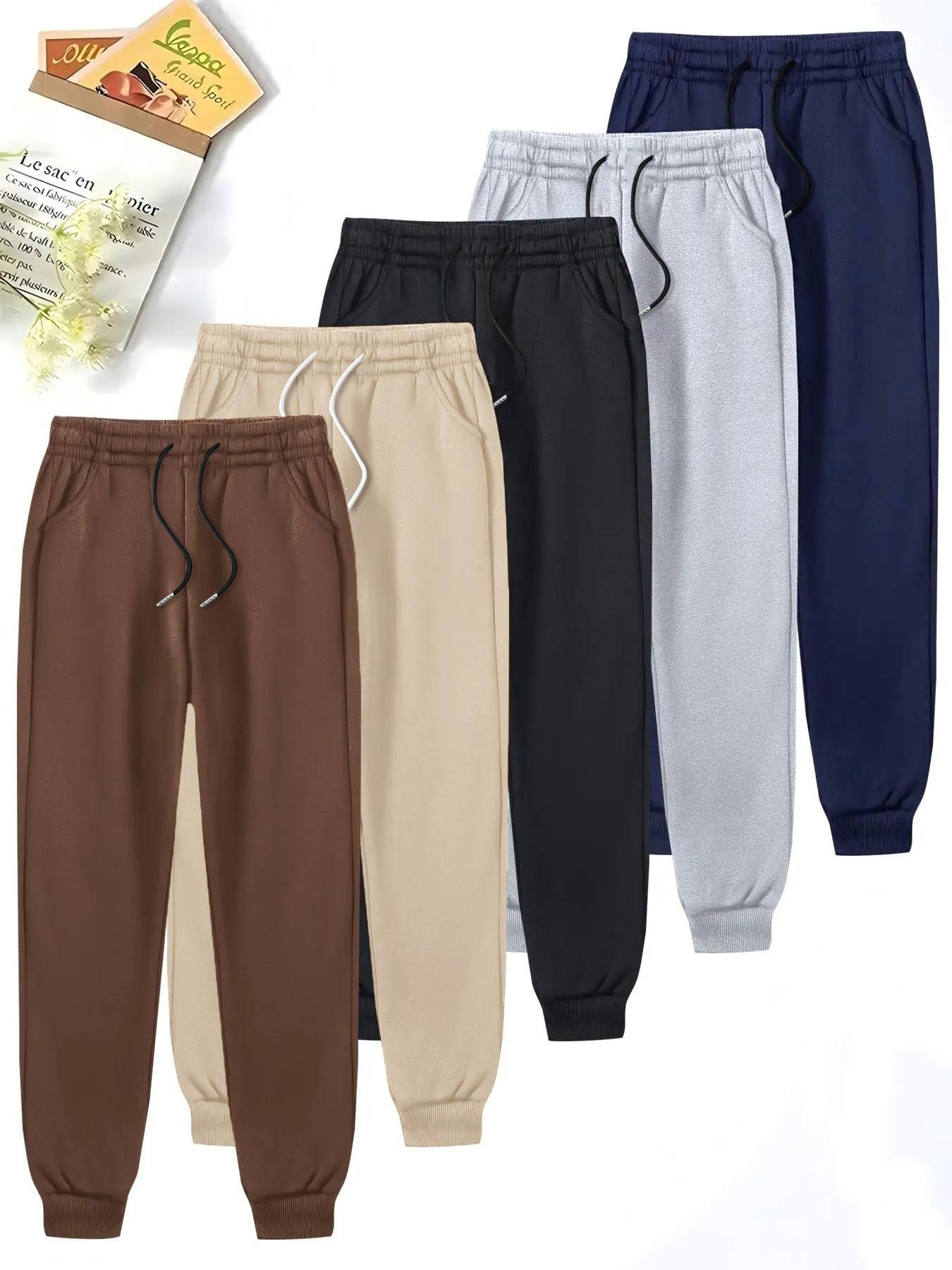 Men's Spring Autumn Solid Color Drawstring Joggers with Ribbed Cuffs, 5-Pack Casual Outdoor Sports Pants for Comfortable Fit