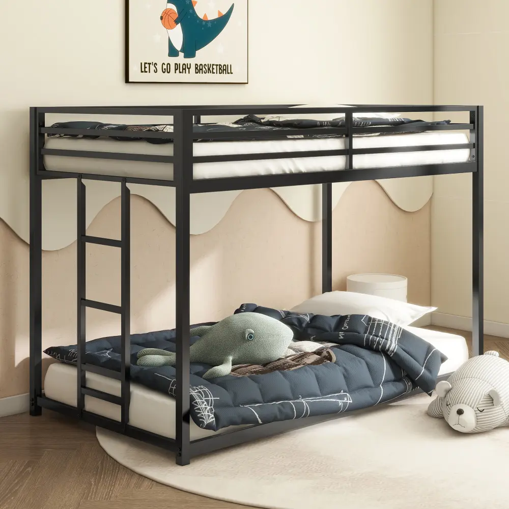 Twin Over Twin Bunk Bed Frame, Heavy Duty Metal Loft Bed for Adults/Teens, 350/400LB Capacity w/Ladder & Guardrail, Noise-Free Steel Slats, No Box Spring Required