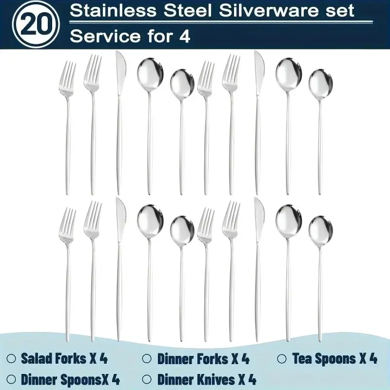 20/60pcs Portuguese Style Silverware Set, Stainless Steel Flatware Service for 4/12, Tableware Cutlery Set with Knife Fork Spoon, Utensils for Home, Restaurant, Hotel, Dishwasher Safe (Silvery/Golden/Black)