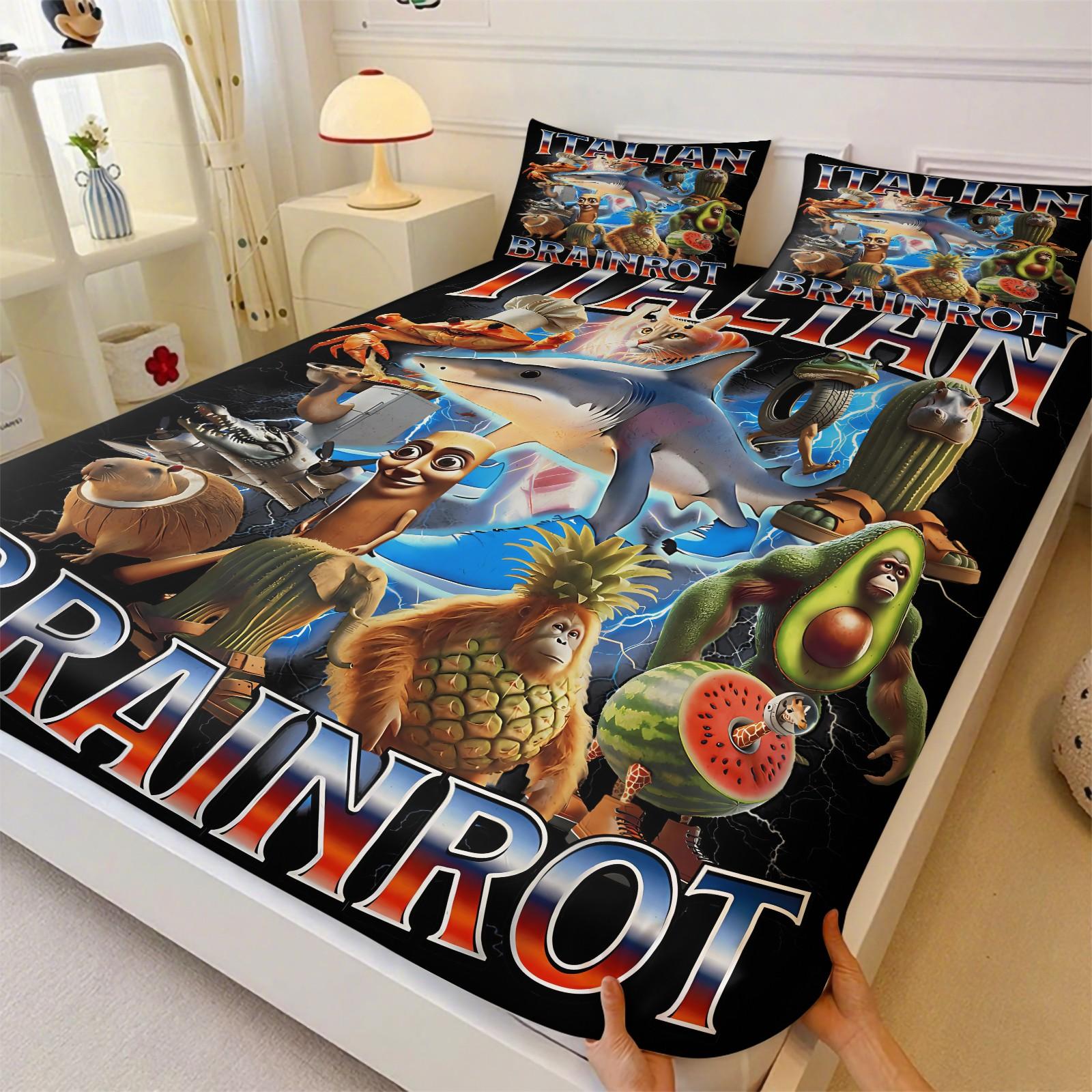 3-Piece Set Of Brain Rot Patterned Bed Sheets, Including 1 Bed Sheet And 2 Pillowcases, Comfortable Bedding, Non Slip Suitable For Bedrooms, Suitable For Gifts For Teenagers And Adults