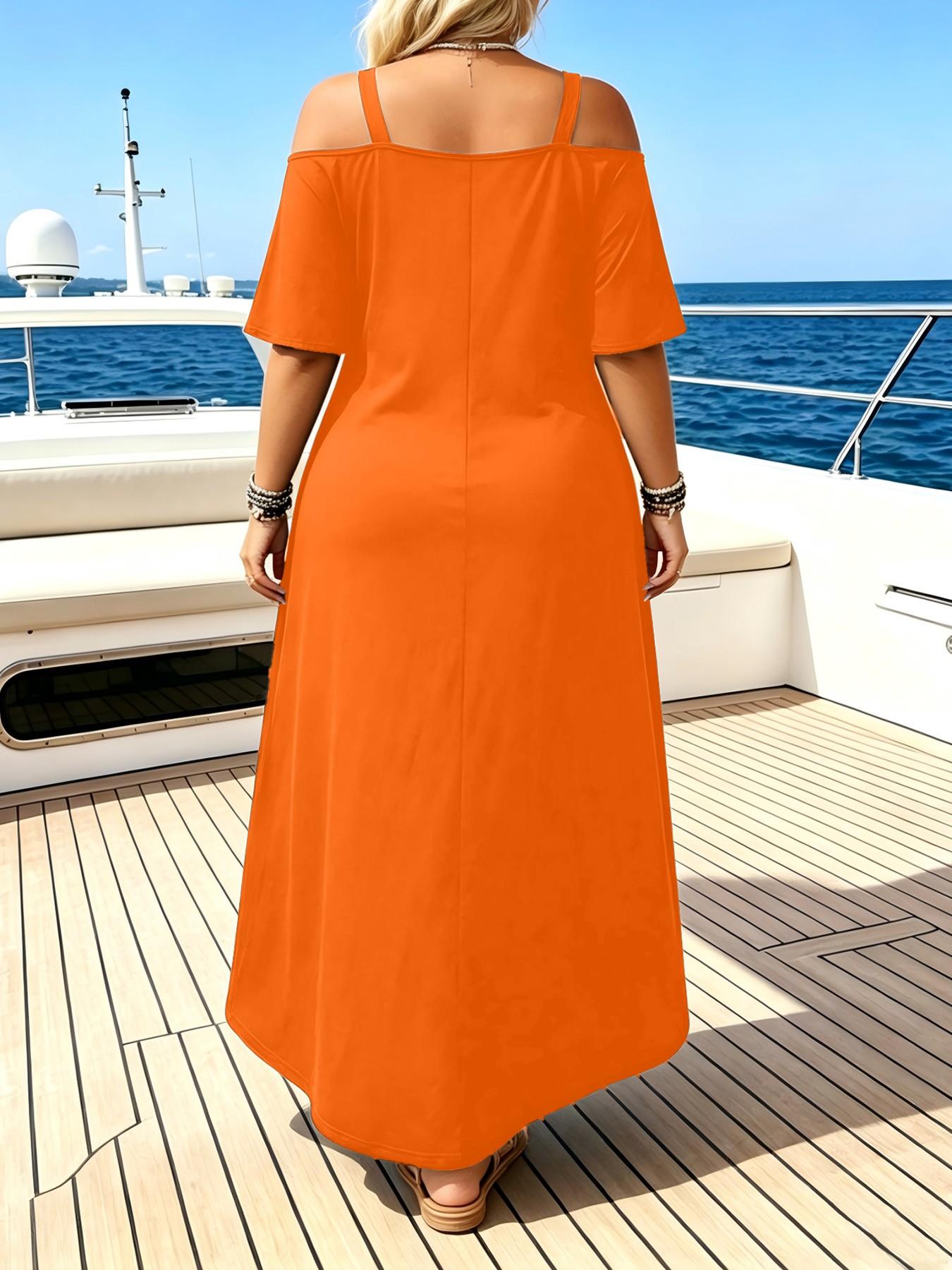 8 Color Options Plus Size Women's Summer Casual Chic Cold-Shoulder Short Sleeve A-Line Maxi Dress, Loose Fit V-Neck, Beach Vacation Essential, Casual Dresses