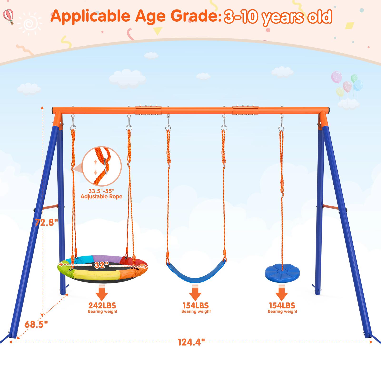 Bearbro Swing Set with 1 Saucer and 1 Belt Swing Seat, 440lbs Swing Set for Kids with Heavy Duty A-Frame Metal Swing Stand for Backyard and Playground