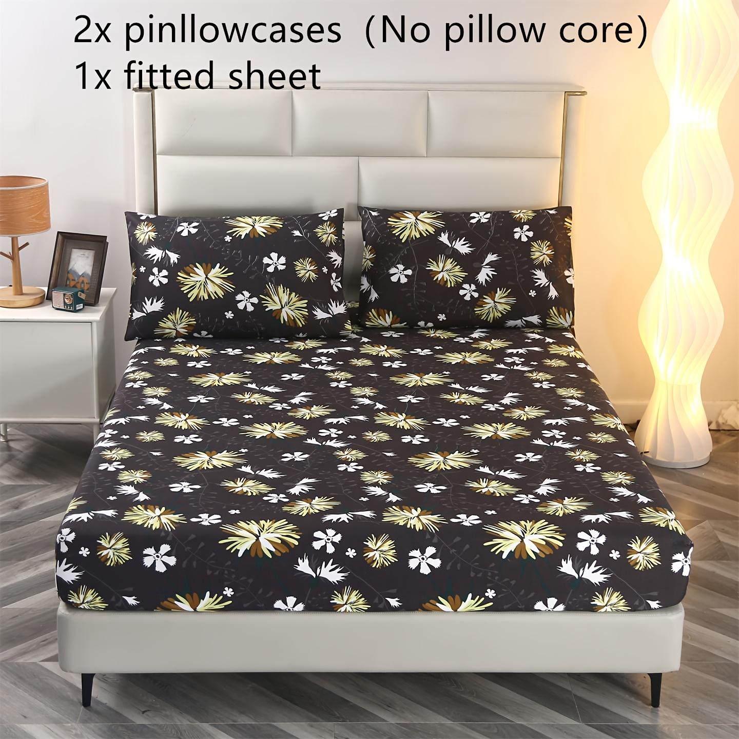 3pcs Floral Print Bedding Set, Floral Sheets, Soft and Comfortable, Suitable for Bedroom, Guest Room, Includes One Fitted Sheet + Two Pillowcases, No Core, Bed Sheet Replacement, Fitted Sheet With Pillowcases, Printed Floral Design, Comfortable Sheet Set