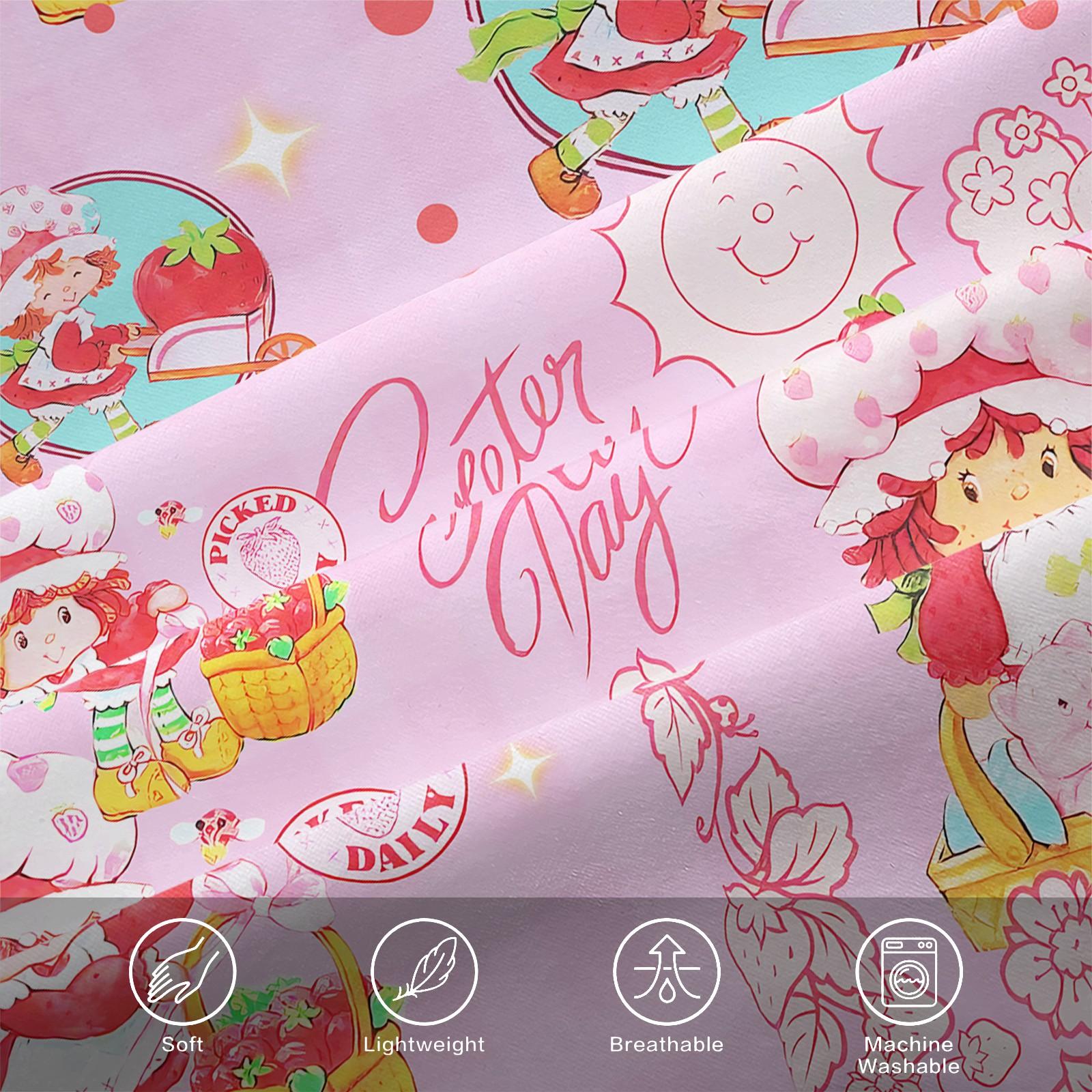 Strawberry Shortcake Gingham Fitted Sheet Set, 1 Fitted Sheet + 2 Pillowcases - 3 Pcs Soft Bedding with Deep Pocket, 360° Full Coverage, Wrinkle Free, Cute Strawberry Cartoon Bed Sheets for Girls, Full Size