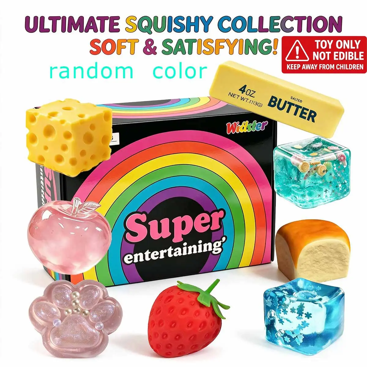 8pcs-Ultimate Assorted Food & Paw Stress Relief Squishy Toy Collection, Cheese Butter Strawberry Apple Bread Ice Cube Glitter Jelly Squeeze Fidgets, Soft Elastic Sensory Hand Toys to Ease Anxiety, Random Color Desktop Decompression Gift Box