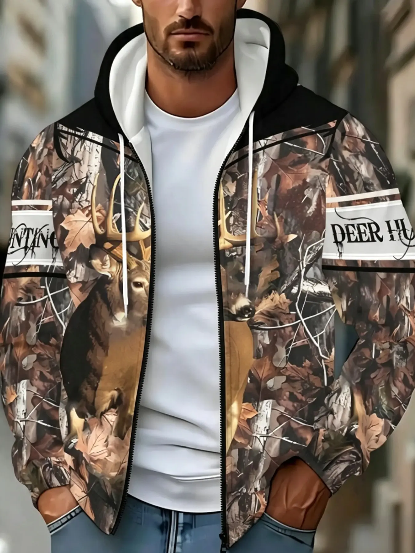 Men's Camouflage Deer Hunting Style Zipper Sweatshirt, Spring Fall Outdoor Hunting Casual Jacket, Loose-Fitting Random Print