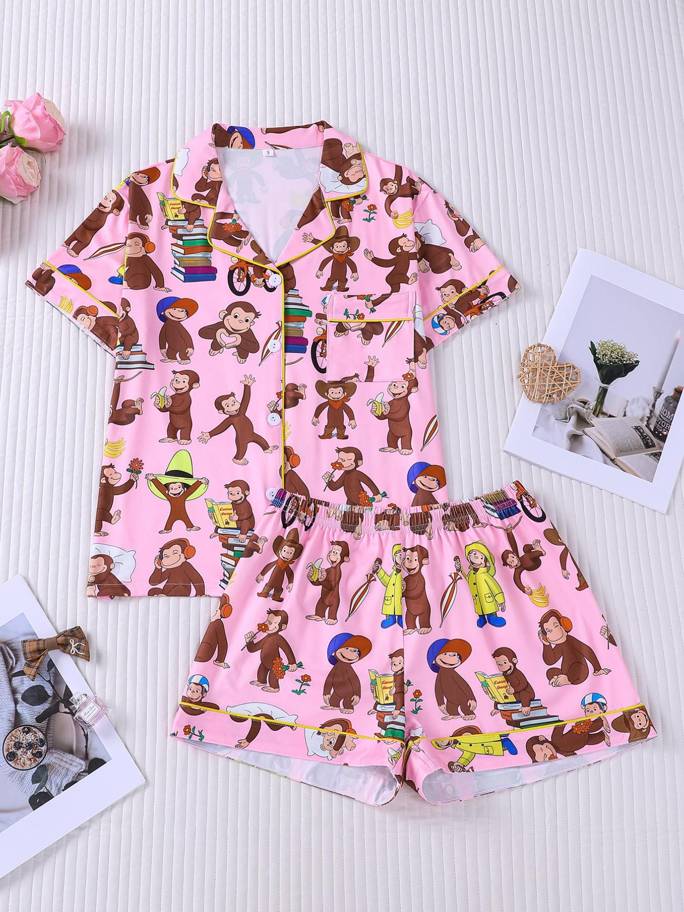 Women's 2 Piece Curious George Cartoon Print Pajamas Set, Cute Monkey Pattern Short Sleeve Button Down Shirt & Shorts Loungewear, Soft Comfy Sleepwear with Chest Pocket & Elastic Waist, Casual All-Season Homewear for Daily Relaxation