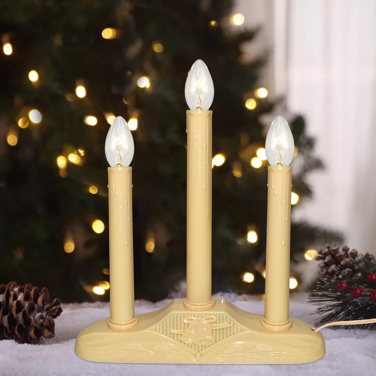 Christmas Three-Head Electric Candle Holder, American Vintage Style, Wax Flow Design, Warm Light, Backup Bulb Fuse, Window Mantel Fireplace Decor