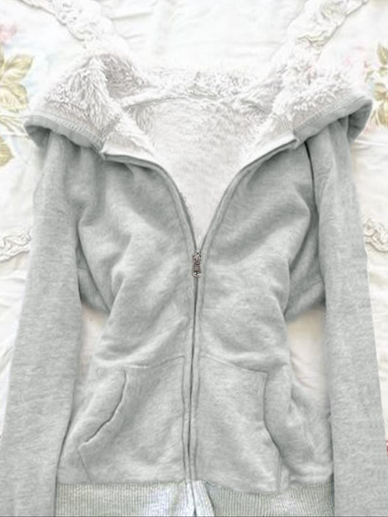 Retro women's fleece hooded slim fit cardigan autumn and winter hoodie jacket